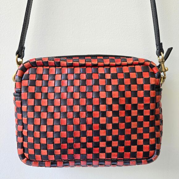 Clare Vivier V Midi Sac Red Black Checker Woven Leather Crossbody Purse EUC Rare - Picture 5 of 16
